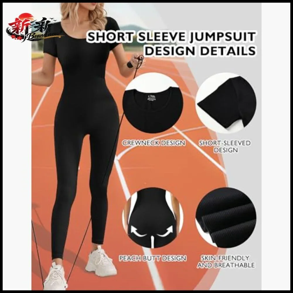 Seamless Jumpsuit Ribbed Workout Romper Nylon Spandex Short Sleeve